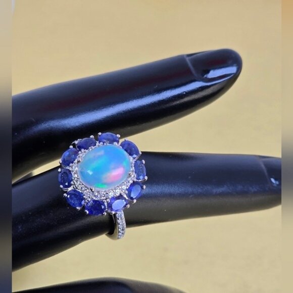 925 Sterling Silver Ring with Natural White Opal 8x10mm & Sapphire Gems - Picture 9 of 15